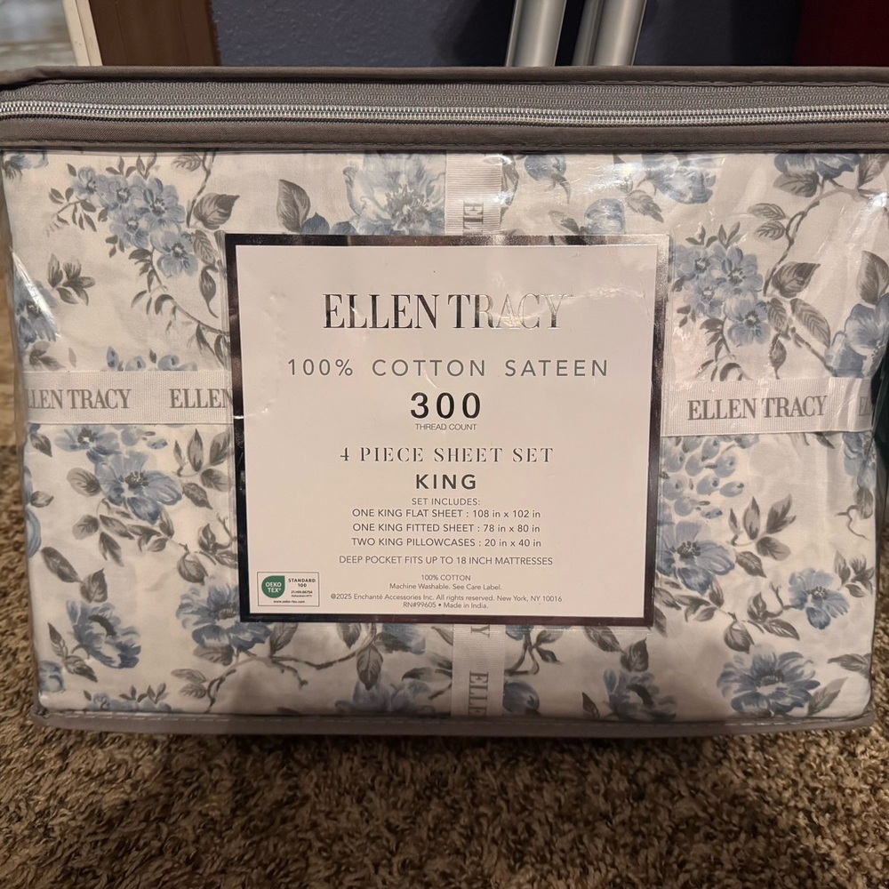 New Ellen Tracy 300 Thread Count Cotton Sateen Blue Shabby Chic King Sheet Set